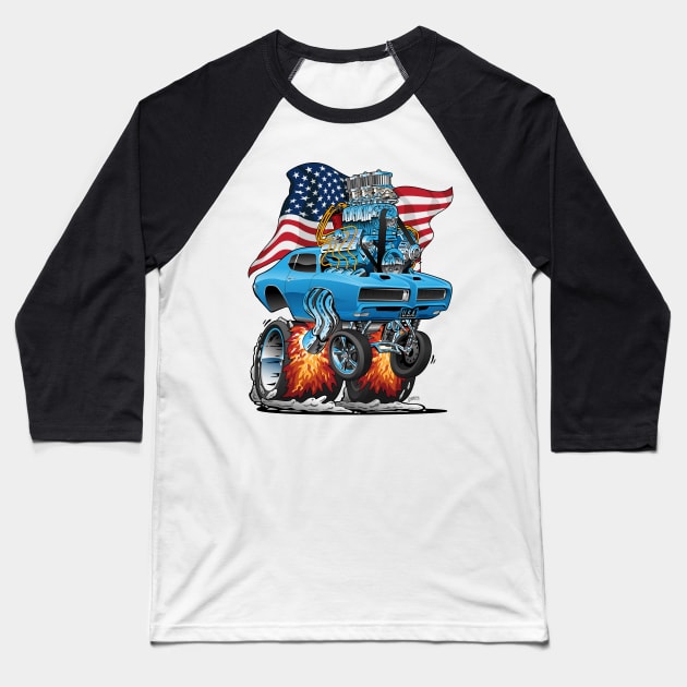 Patriotic Sixties American Muscle Car with USA Flag Cartoon Baseball T-Shirt by hobrath